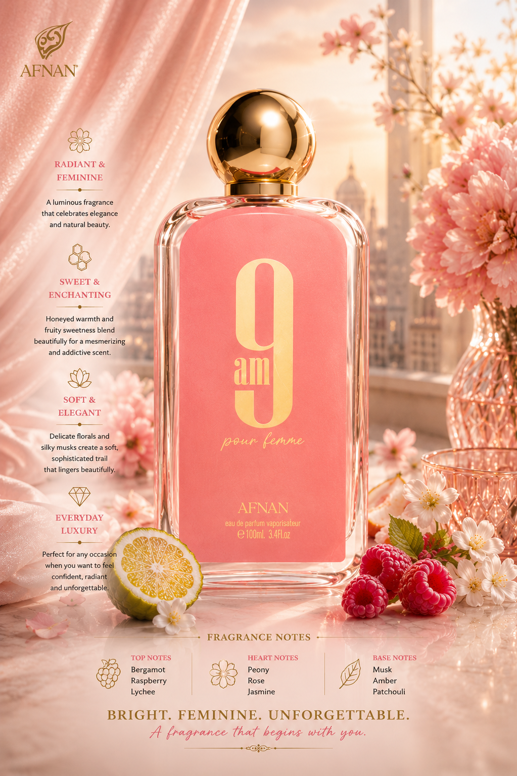 Afnan – 9AM Pour Femme (Women) 3.4 oz Eau de Parfum
