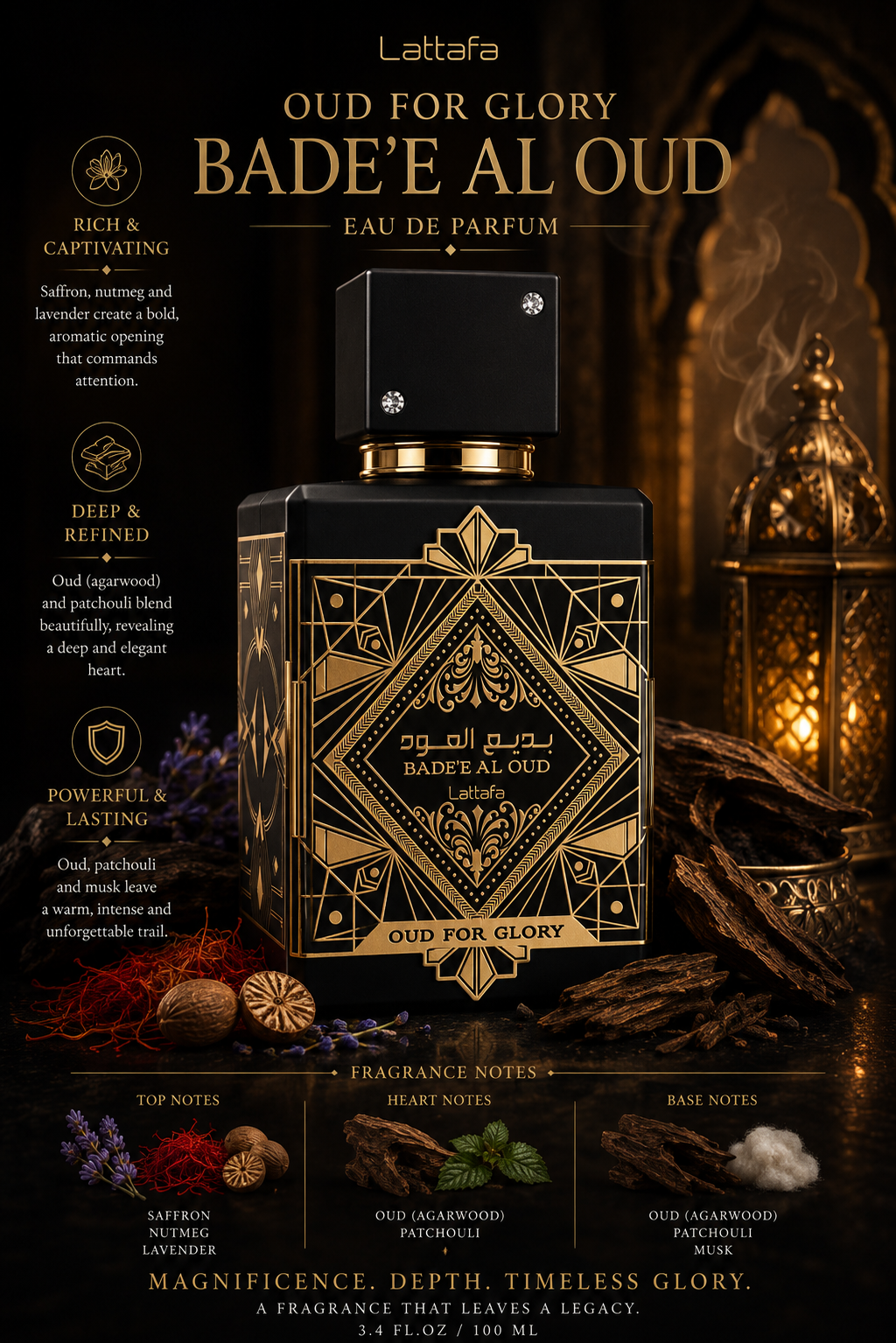 Lattafa – Oud for Glory (Bade’e Al Oud) Eau de Parfum — 3.4 oz / 100 ml