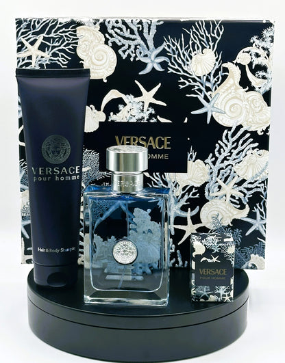 Versace Pour Homme – 3-Piece Gift Set (Men) 3.4 oz Eau de Toilette + Mini + Shower Gel