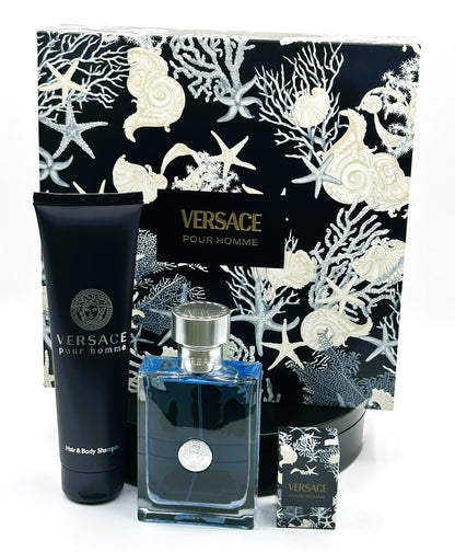 Versace Pour Homme – 3-Piece Gift Set (Men) 3.4 oz Eau de Toilette + Mini + Shower Gel